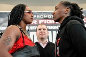 Claressa Shields and Danielle Perkins weigh in ahead of Sunday title tilt