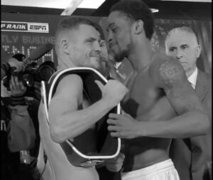 Denys Berinchyk Shoves Keyshawn Davis In Back, Off Stage After They Made Weight