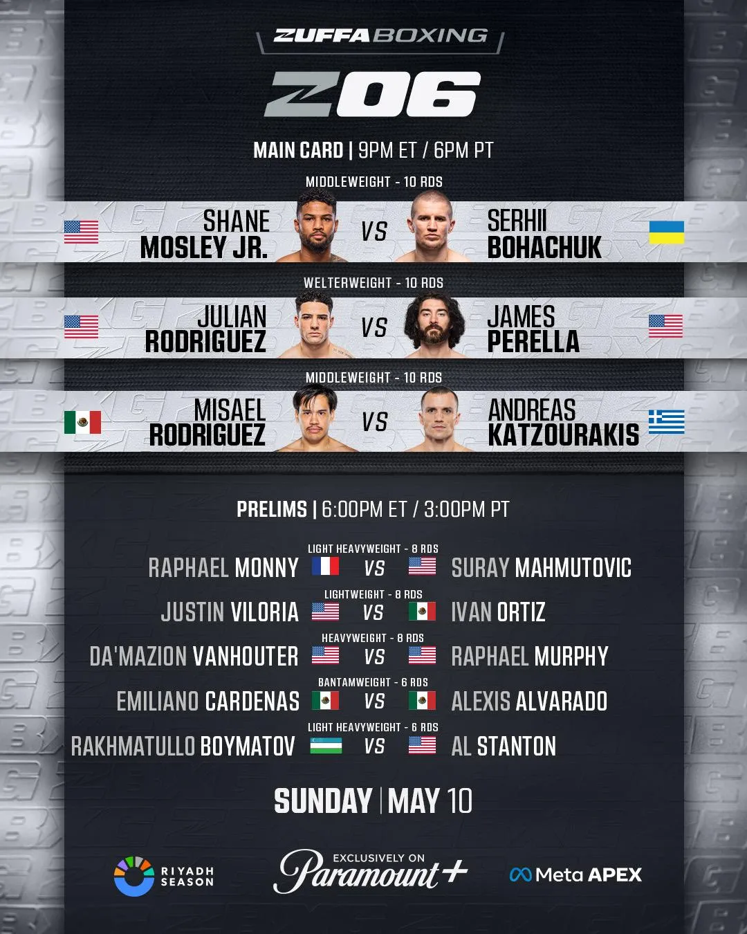 Shane Mosley Jnr vs. Serhei Bohachuk undercard announced for Zuffa Boxing 6