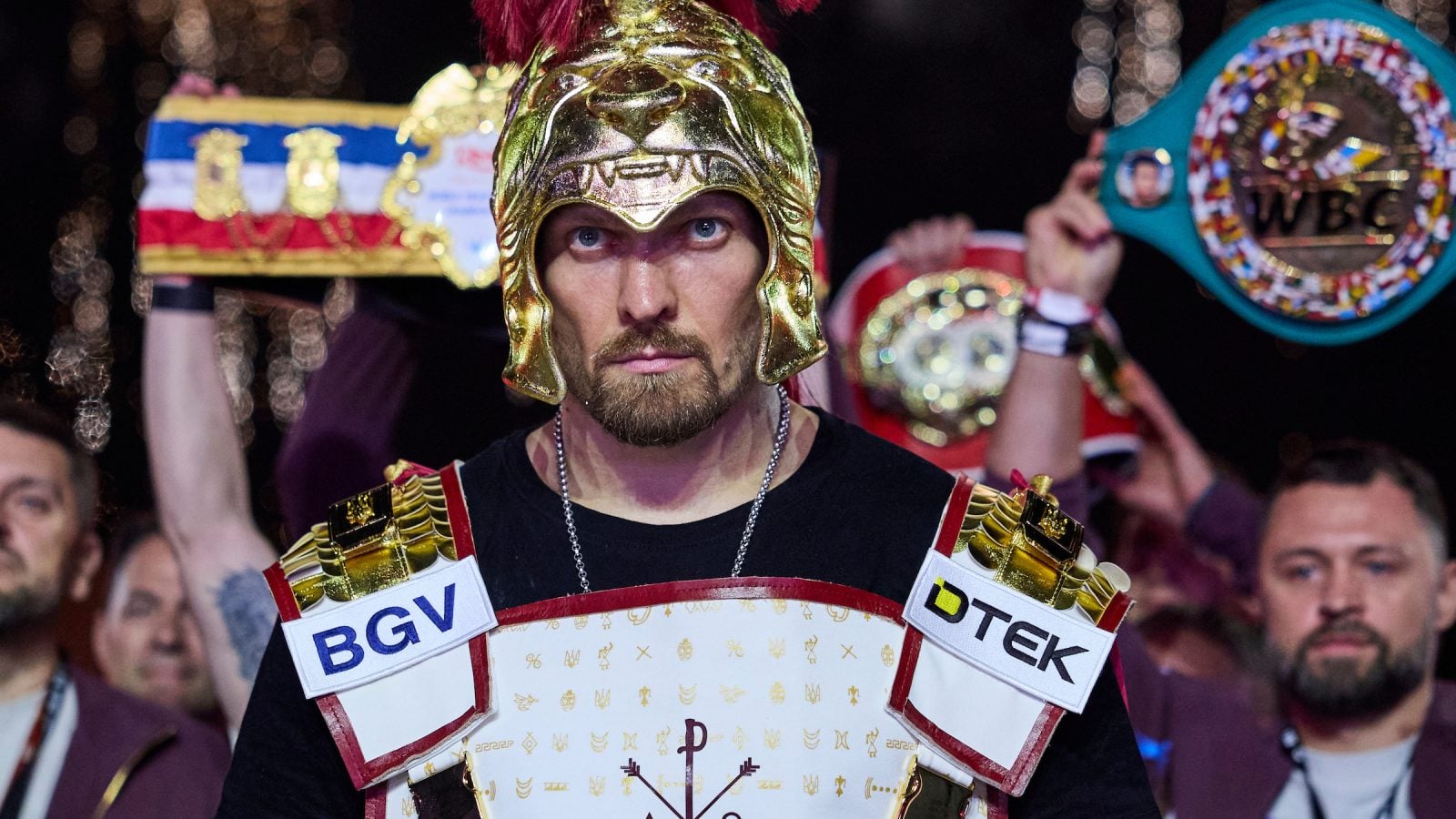 Oleksandr Usyk ringwalks for his WBC World Heavyweight Title fwith Rico Verhoeven
