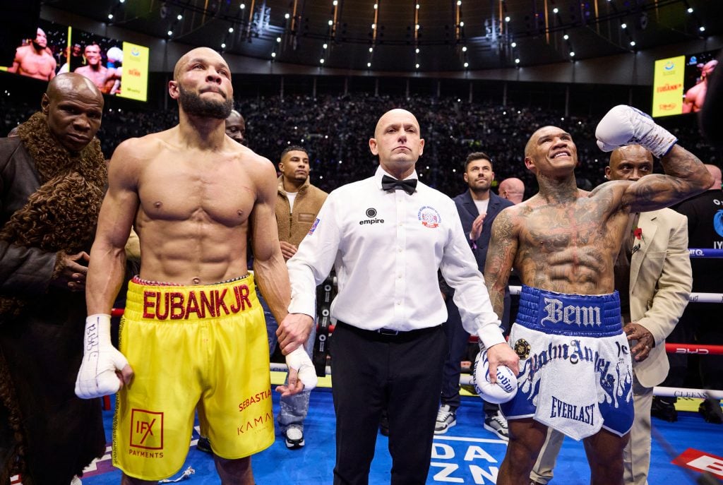Conor Benn celebrates as they announce the winner of his rematch against Chris Eubank Jr