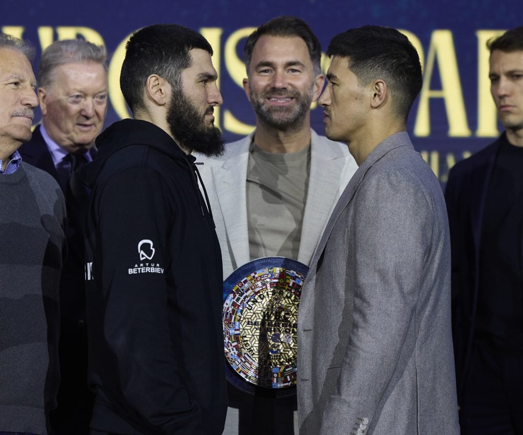 Artur Beterbiev and Dmitry Bivol during their Final Press Conference ahead of their Undisputed Light Heavyweight Fight.