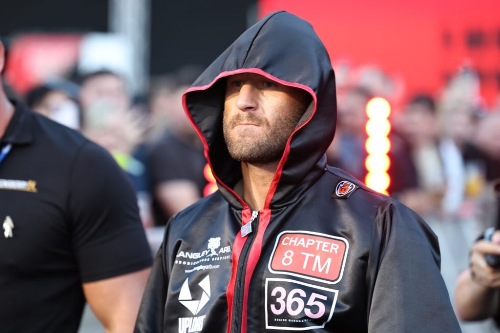 Lewis Edmondson walks to the ring for his WBA International title fight against Lyndon Arthur at St. Mary's Stadium.