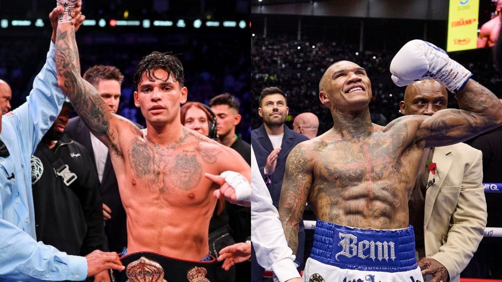 Ryan Garcia celebrates with the WBA gold belt after his knockout victory over Oscar Duarte / Conor Benn celebrates as they announce the winner of his rematch against Chris Eubank Jr