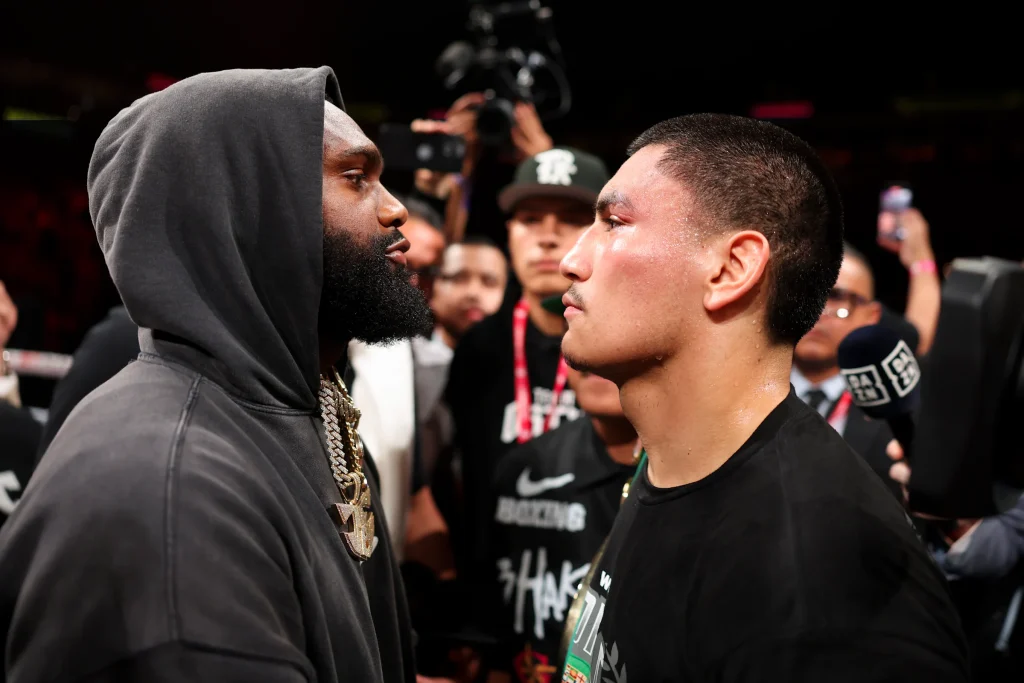 Jaron Ennis and Vergil Ortiz Jr. face off in the ring after Ortiz's victory over Erickson Lubin.