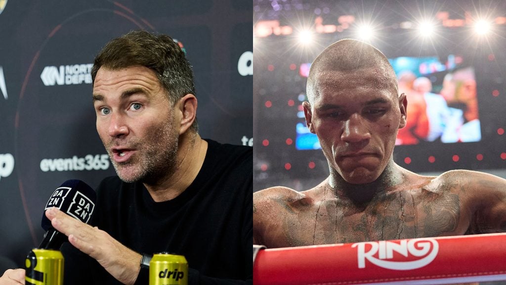 Eddie Hearn during a post fight press conference in Liverpool & Conor Benn consoled by his team after hearing he lost a points decision to Chris Eubank Jr