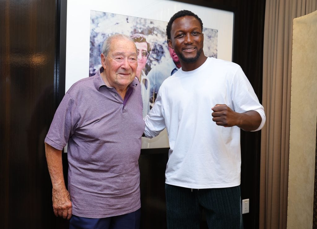 Abass Baraou poses with Bob Arum at the Top Rank Offices