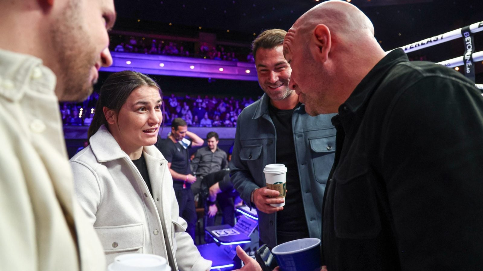 Dana White, Eddie Hearn, and Katie Taylor talk before the Conor Benn and Peter Dobson fight at the The Chelsea at the Cosmopolitan.