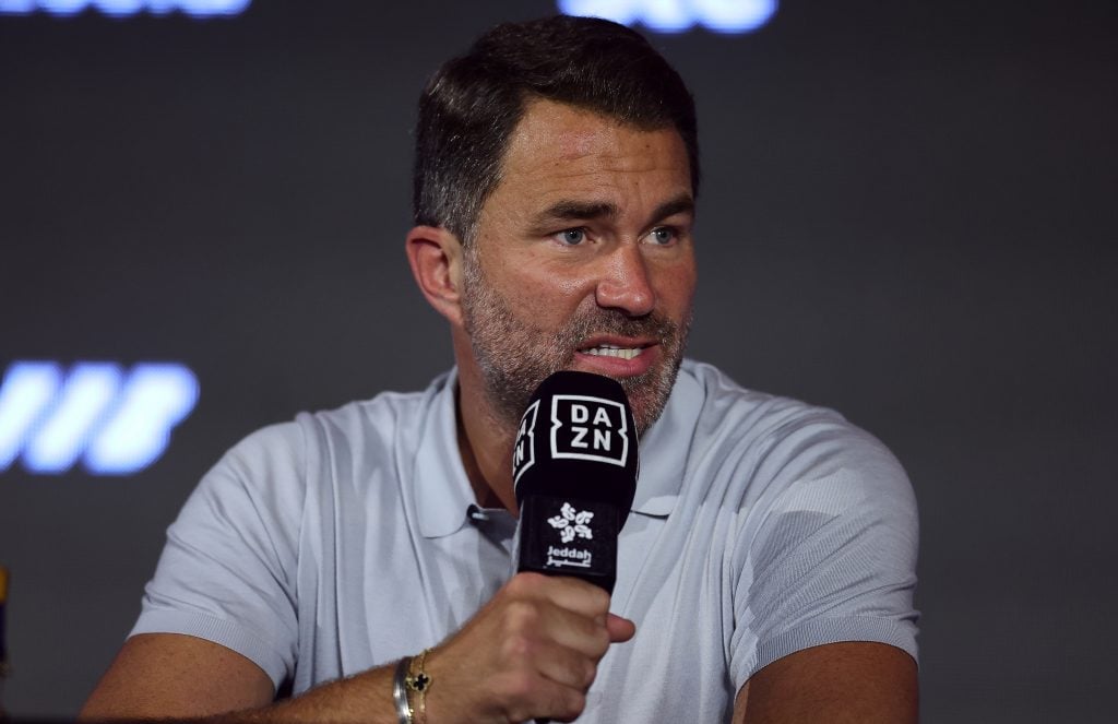Eddie Hearn talks during the Final Press Conference ahead of the Anthony Joshua and Kristian Prenga fight