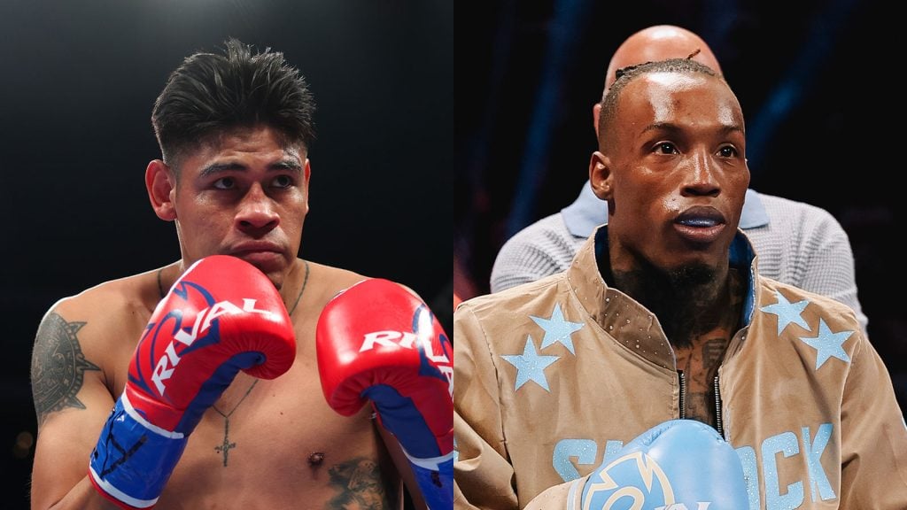 Emanuel Navarrete during his IBF & WBO Super Featherweight unification fight with Eduardo “Sugar” Nunez / O’Shaquie Foster in the ring with his team before his fight with Raymond Ford