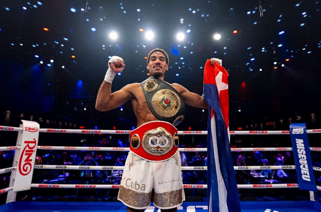 Osleys Iglesias celebrates after capturing IBF super middleweight title by beating Pavel Silyagin