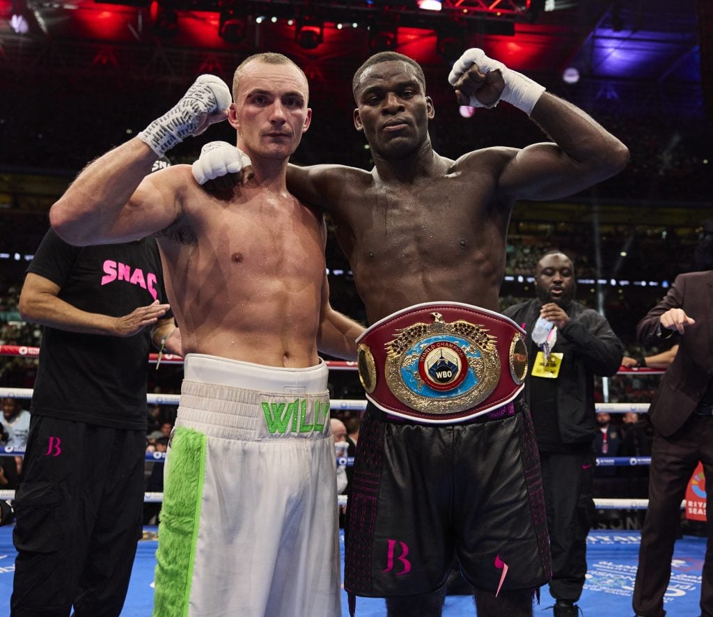 Willy Hutchinson and Joshua Buatsi pose together after their WBO interim light-heavyweight title fight.