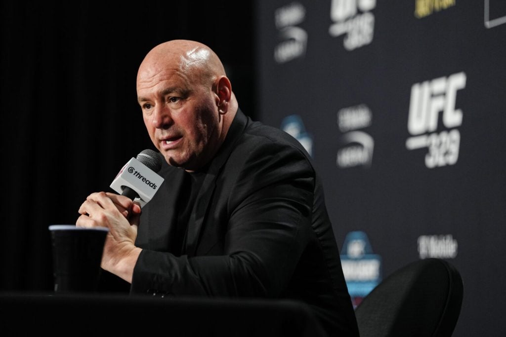 Dana White addresses the media after the UFC 329 event at T-Mobile Arena.