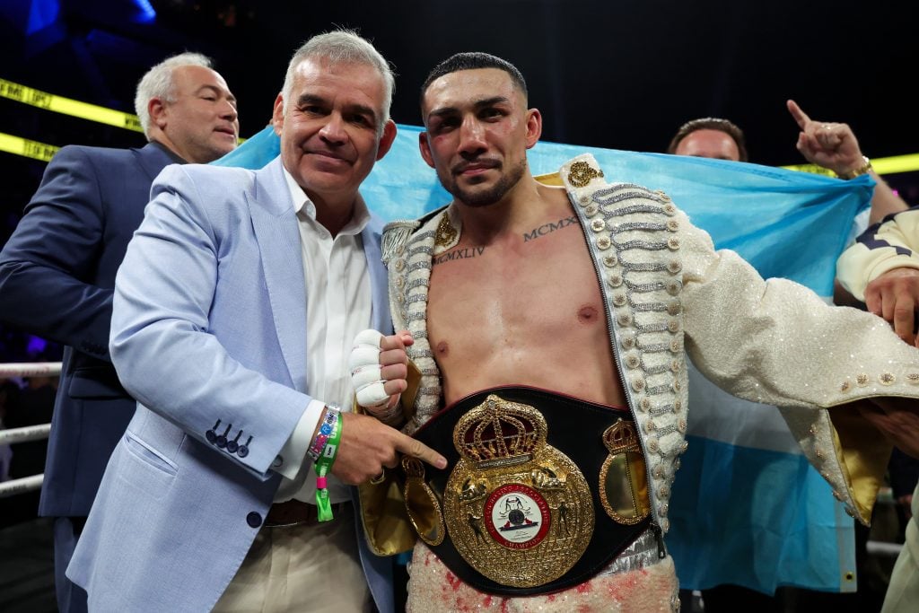Teofimo Lopez poses with WBA president Gilberto Mendoza following his victory over Rolando “Rolly” Romero.