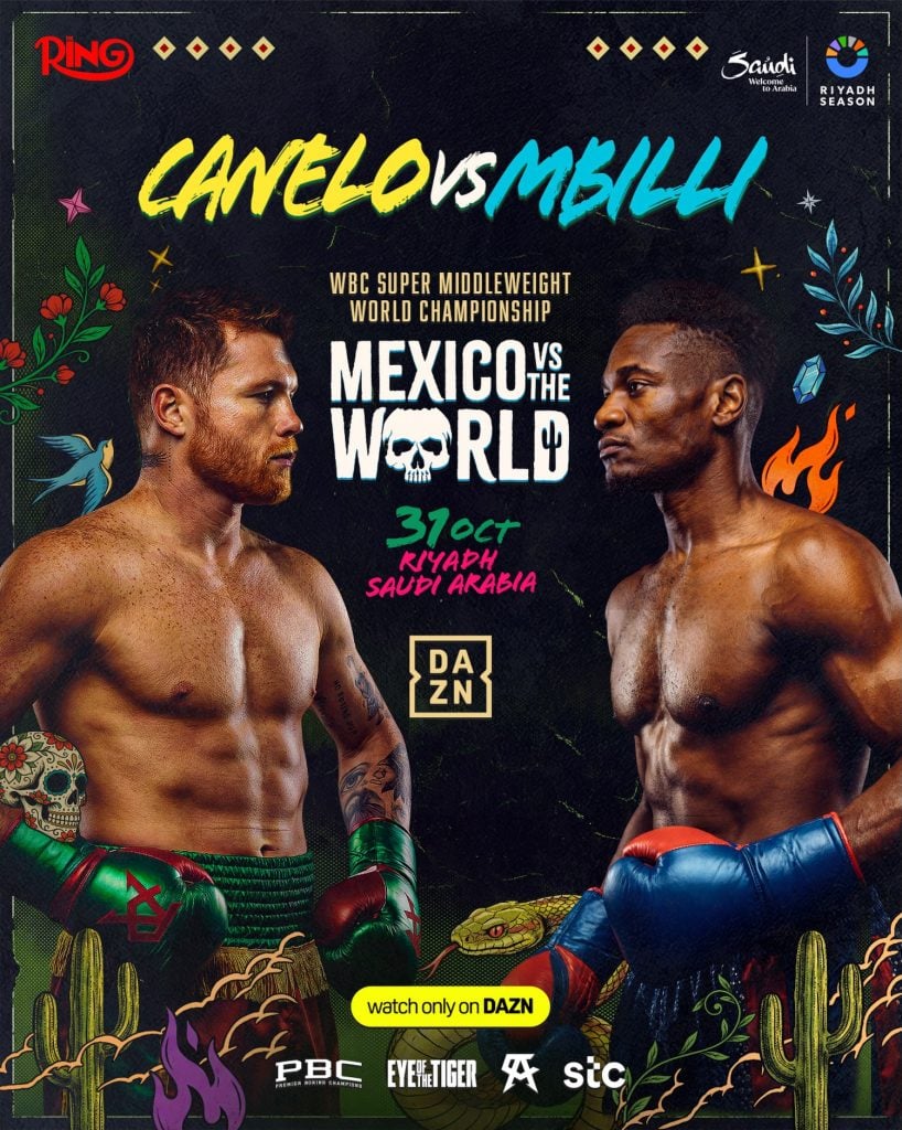 Promotional poster for Canelo Alvarez vs Christian c, a WBC title fight scheduled for October 31 in Riyadh, Saudi Arabia.