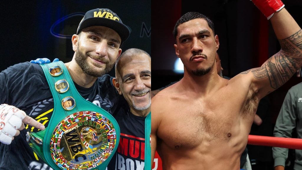 Noel Mikaelian celebrates after defeating Ilunga Makabu to win the vacant WBC cruiserweight title. / Jai Opetaia in the ring before his fight with Brandon Glanton