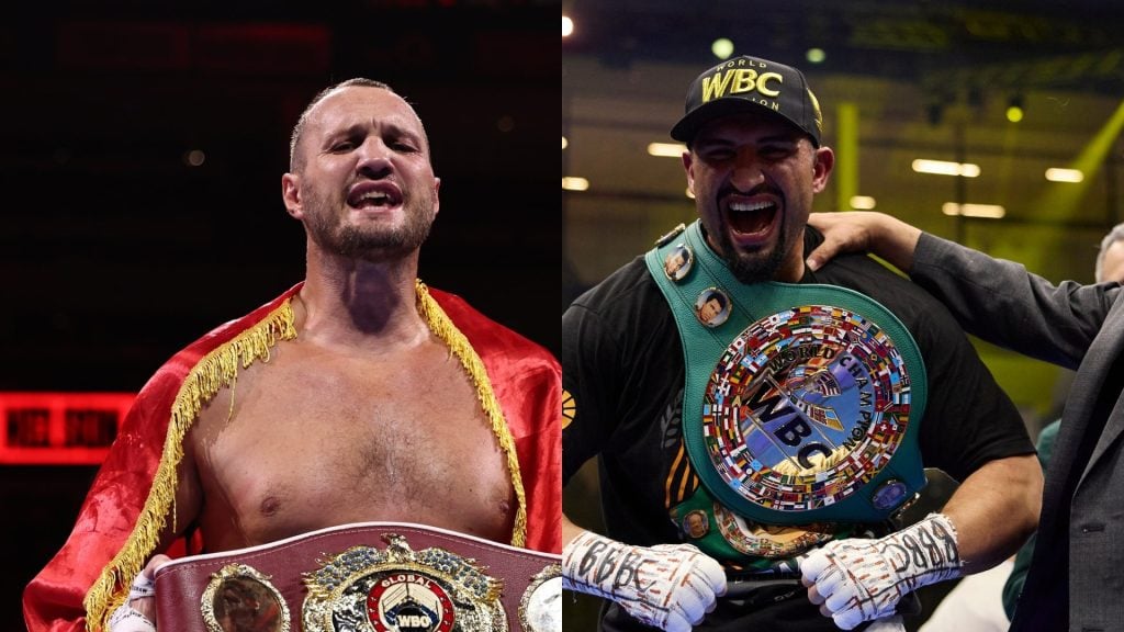 Nelson Hysa celebrates with the WBO Global heavyweight title after defeating Thomas Narmo. / Agit Kabayel with WBC President Mauricio Sulaimán after his Interim WBC World Heavyweight Title win against Zhilei Zhang