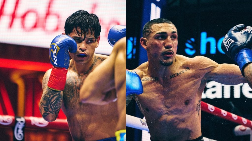 Ryan Garcia during his bout with Rolly Romero in Times Square. / Teofimo Lopez and Arnold Barboza Jr. during their fight at Fatal Fury: City of the Wolves in Times Square.