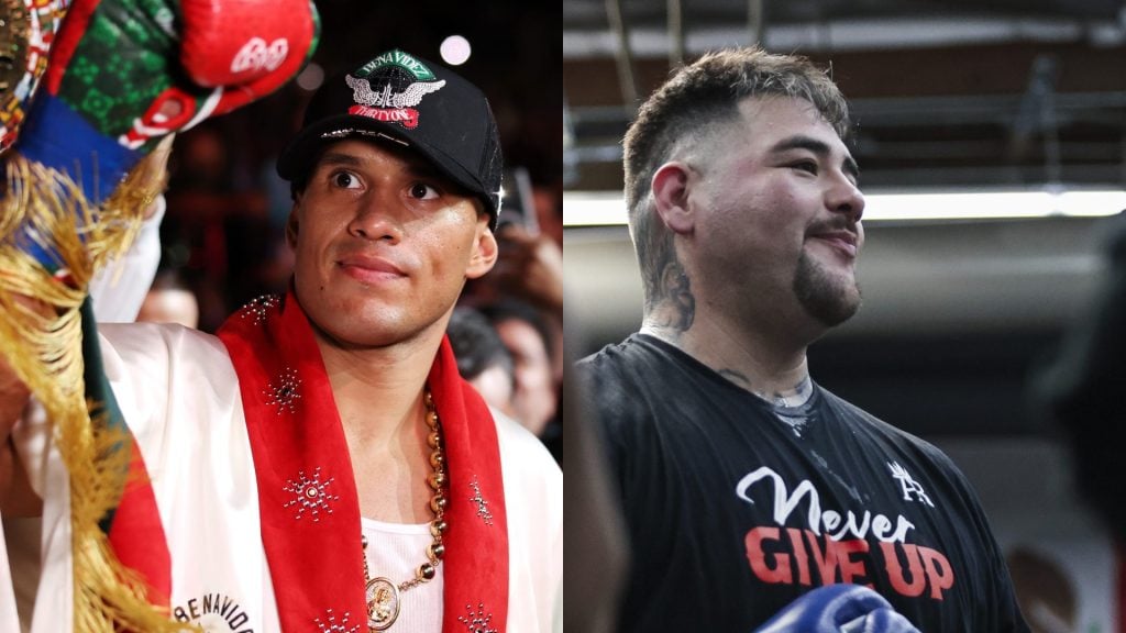 David Benavidez makes his way to the ring for his fight against Gilberto Ramirez. / Andy Ruiz trains during an open workout.