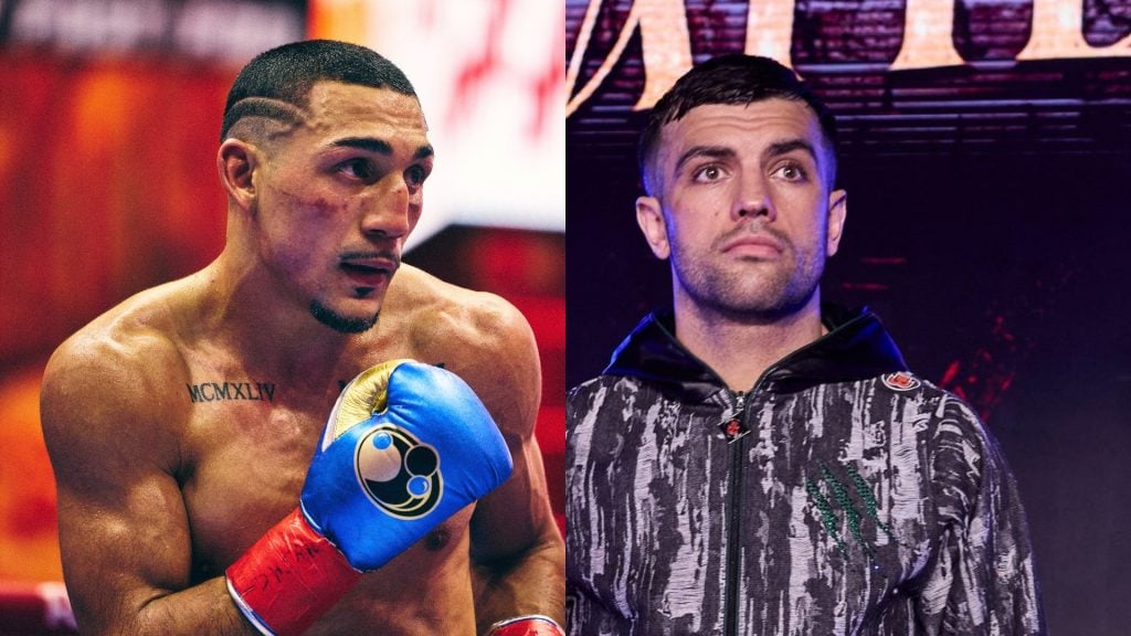 Teofimo Lopez during his contest with Arnold Barboza Jr. at Fatal Fury: City of the Wolves in Times Square. / Jack Catterall ring walks for his WBA Regular Welterweight Title contest against Shakhram Giyasov.