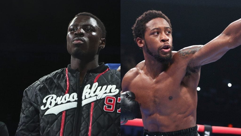 Richardson Hitchins ahead of his IBF junior-welterweight world title fight against Liam Paro. / Keyshawn Davis lands a left against Nahir Albright during their rematch.
