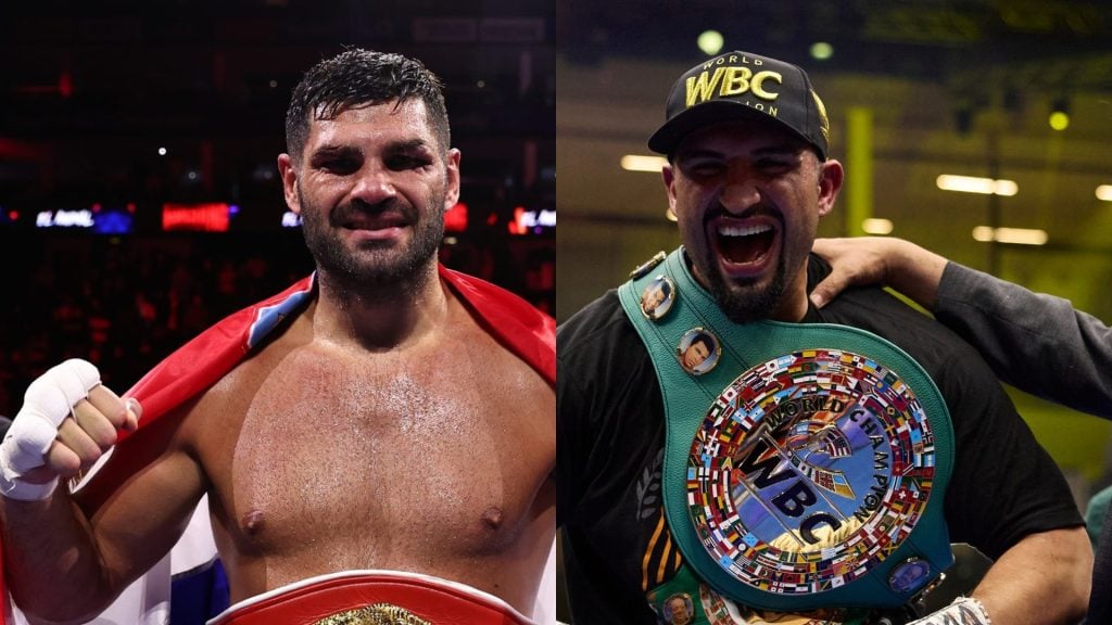 Filip Hrgovic celebrates with the IBF title after defeating Moses Itauma / Agit Kabayel with WBC President Mauricio Sulaimán after his Interim WBC World Heavyweight Title win against Zhilei Zhang