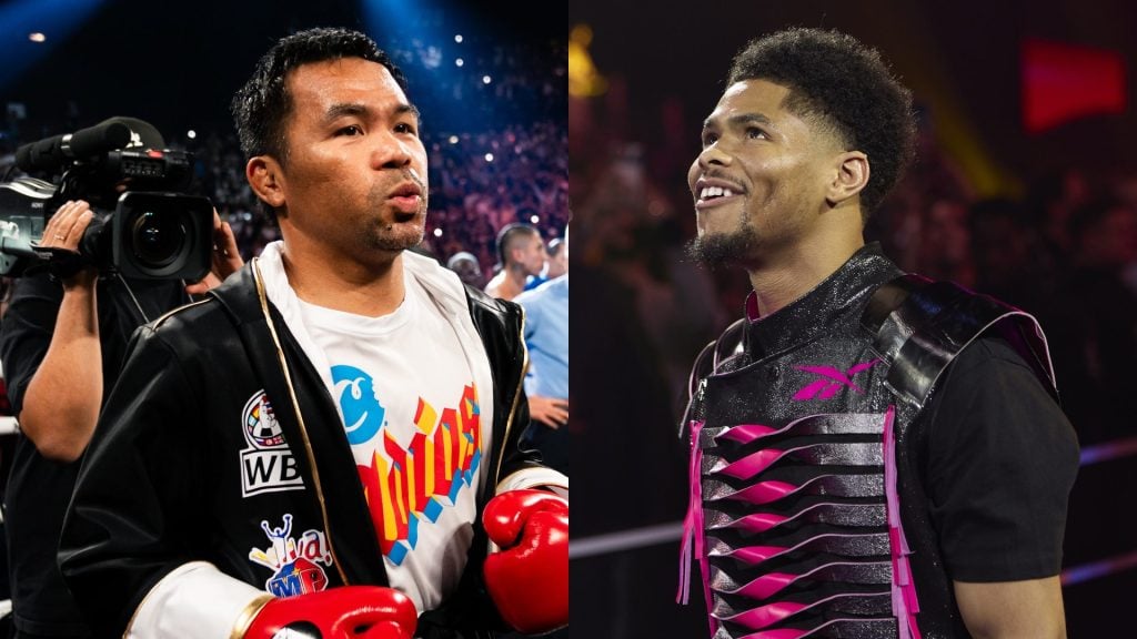 Manny Pacquiao in the ring ahead of his WBC Welterweight World Champion fight with Mario Barrios / Shakur Stevenson in the ring before his WBC World Lightweight Title with Josh Padley.