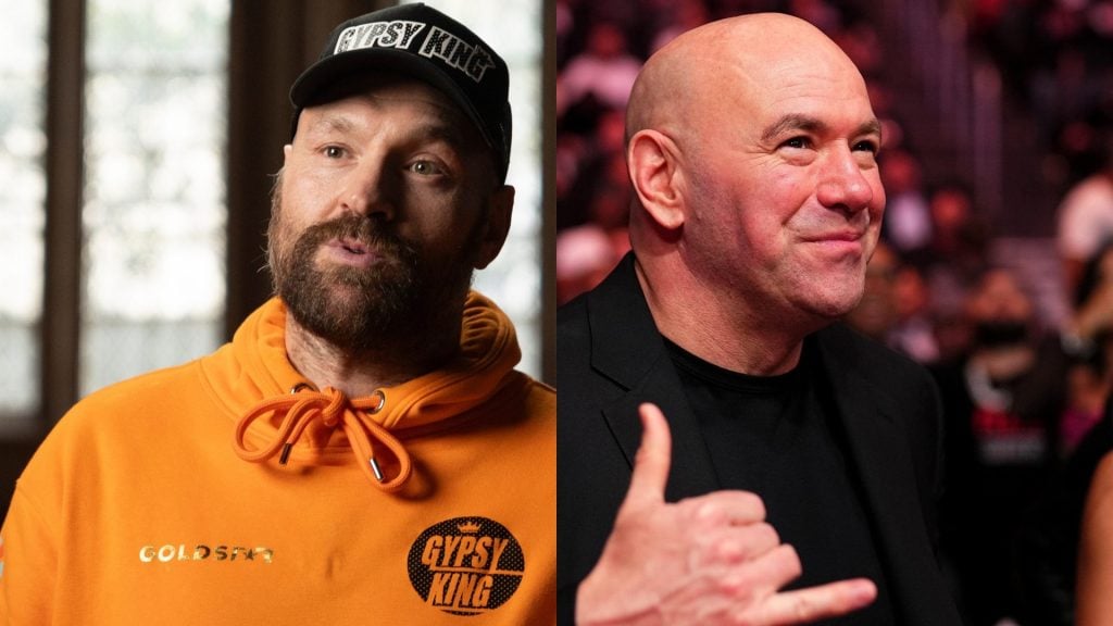 Tyson Fury during the Launch Press Conference for his rematch against Oleksandr Usyk / UFC CEO Dana White at UFC 310.