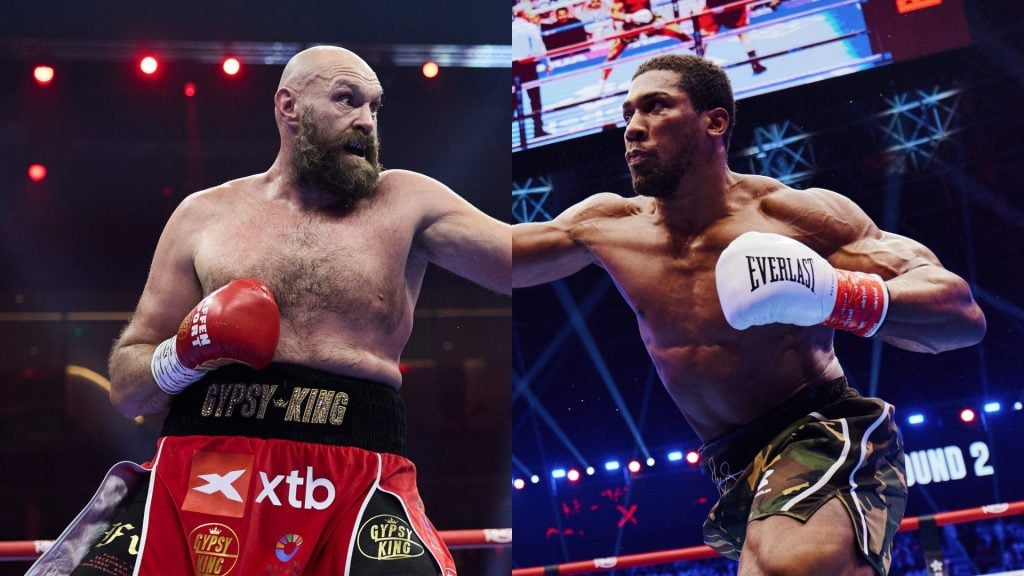 Tyson Fury in action against Oleksandr Usyk in their rematch for the WBC, WBA, Ring Magazine and WBO Heavyweight Titles. / Anthony Joshua during his contest with Kristian Prenga