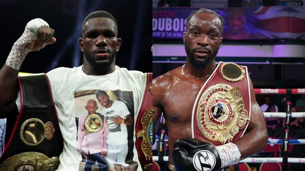 Yoenli Hernandez celebrates with his secondary titles after earning a majority decision over Francisco Daniel Veron. / Denzel Bentley celebrates with the WBO International Middleweight title after defeating Derrick Osaze.