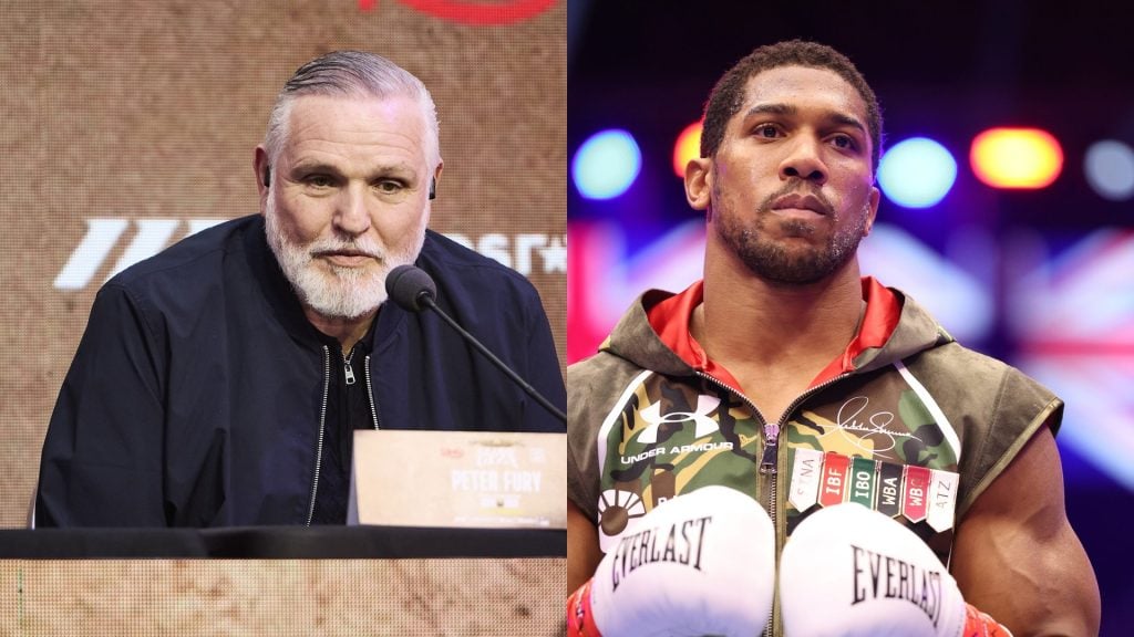 Trainer Peter Fury during the launch press conference for Usyk vs Verhoeven. / Anthony Joshua before his bout with Kristian Prenga.