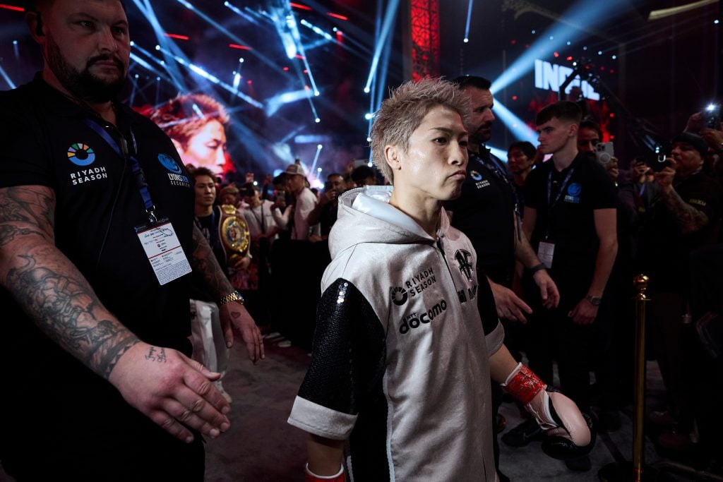Naoya Inoue makes his ring walk ahead of his undisputed super-bantamweight title defence against David Picasso.