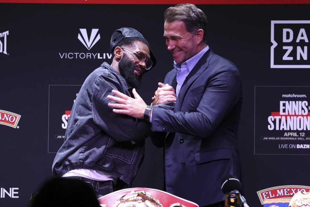 Jaron Ennis and Eddie Hearn, Chairman of Matchroom Sport, prior to the Final Press Conference ahead of their Ring Magazine, IBF World & WBA World Welterweight Titles fight against Eimantas Stanionis.