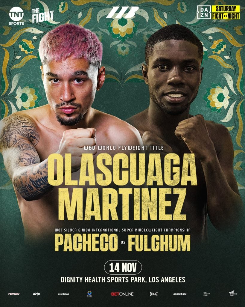 Promotional poster for Anthony Olascuaga’s WBO flyweight title defence against Yuberjen Martinez, scheduled for 14 November 2026 in Carson, California.