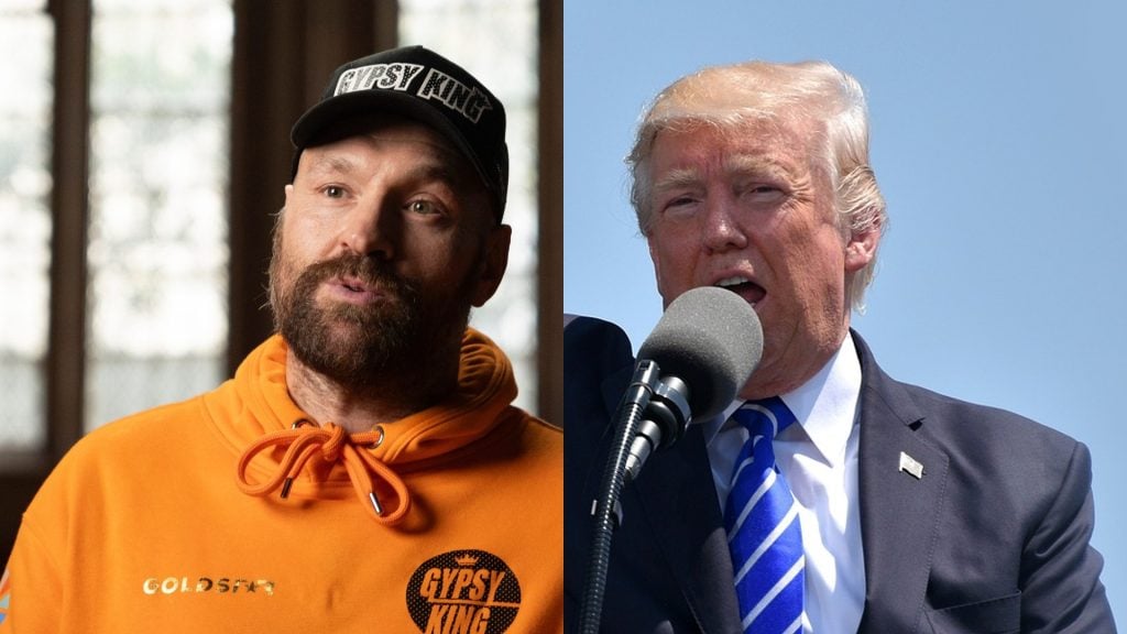 Tyson Fury during the Launch Press Conference for his rematch against Oleksandr Usyk / Donald Trump speaking at an outdoor event.