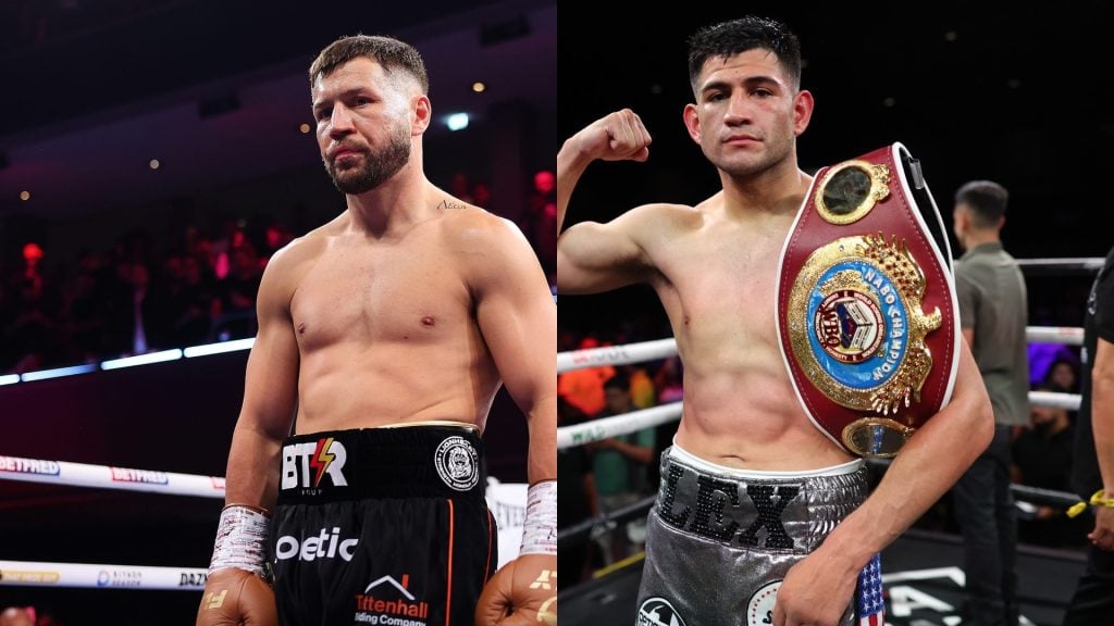 Conah Walker stands in the ring ahead of his welterweight contest against Sam Eggington in Wolverhampton. / Alexis Rocha celebrates with the WBO-NABO welterweight title after defeating Santiago Dominguez at Fantasy Springs Resort Casino in Indio, California.