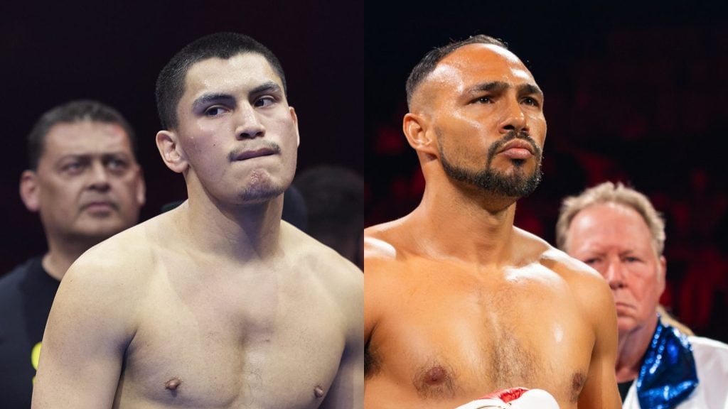 Vergil Ortiz Jr. in the ring before his Interim WBC World Super Welterweight title fight with Israil Madrimov, / Keith Thurman stands in the ring ahead of his WBC super-welterweight title fight against Sebastian Fundora.