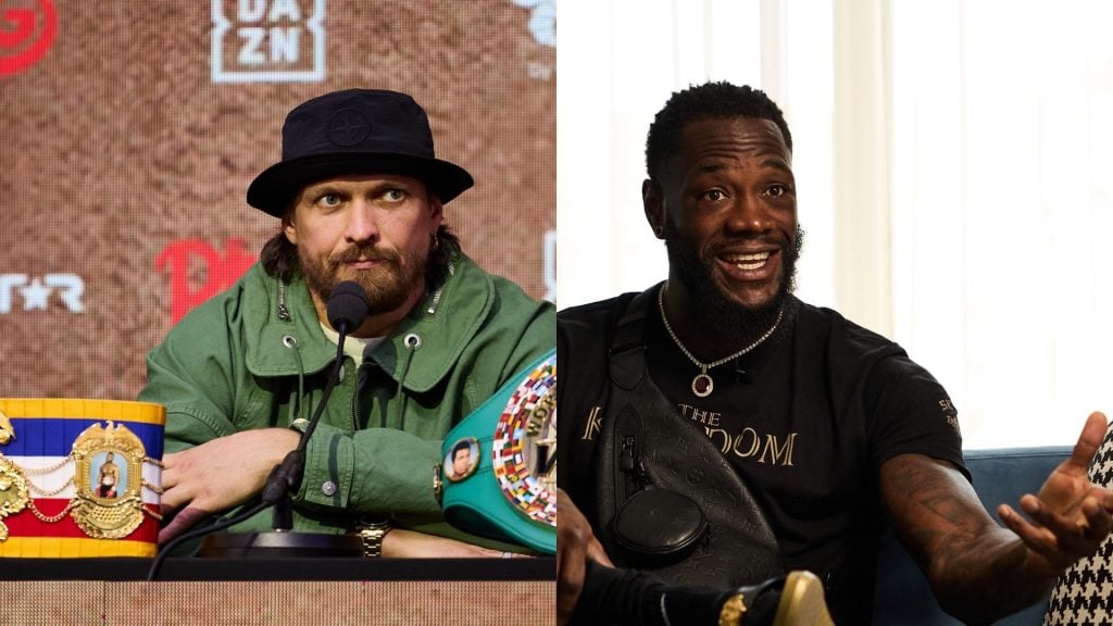 Oleksandr Usyk at Launch Press Conference for his WBC World Heavyweight Title fight against Rico Verhoeven in Cairo, Egypt. / Deontay Wilder during Media Day ahead of his fight with Zhilei Zhang.